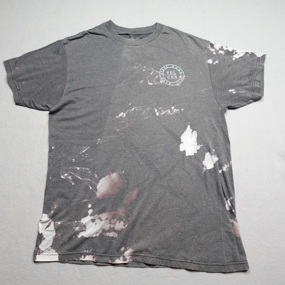 Volcom T-Shirt Men L Gray Graphic Stone Logo Bleach Splatter Distressed Skate